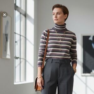 Striped 100% Cashmere Turtleneck Sweater Size S